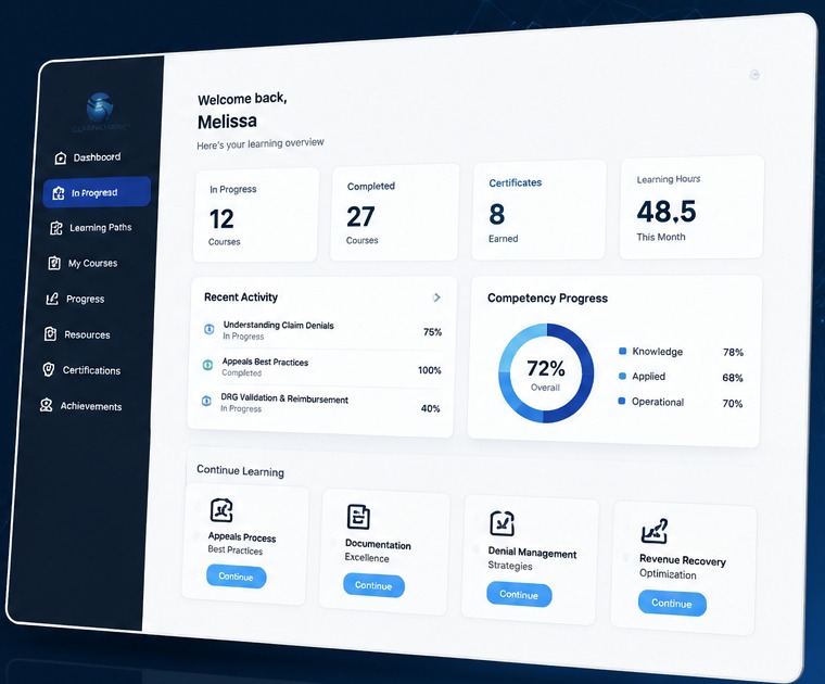 Illustrative ClaimCalcPro Academy learner dashboard mockup